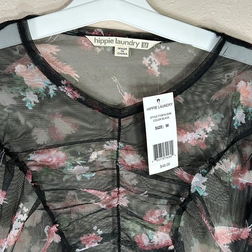 NWT Blouse Hippy Laundry black pink sheer ruched medium flamingo - Picture 4 of 8